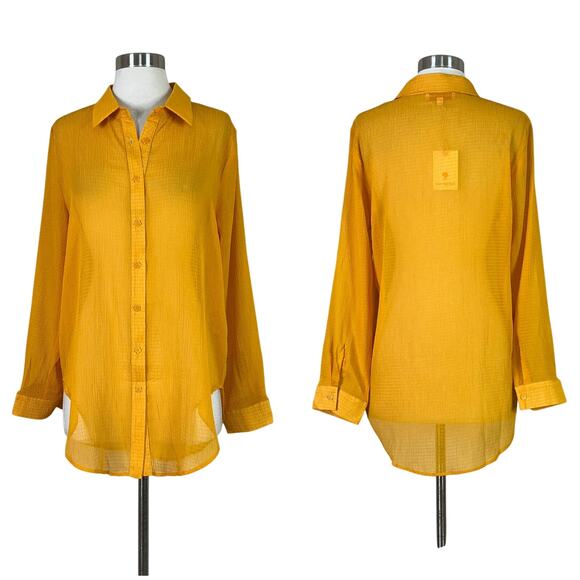 NEW Lisa Says Gah | Shirred Mustard Yellow Solid Sheer Flower Button Button Top - Picture 1 of 10